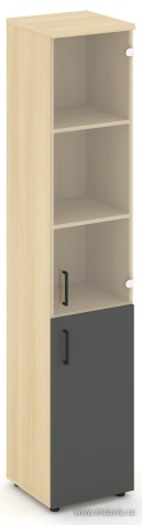 Офисный шкаф высокий узкий левый / правый (1 низкий фасад ЛДСП + 1 средний фасад стекло прозрачное)