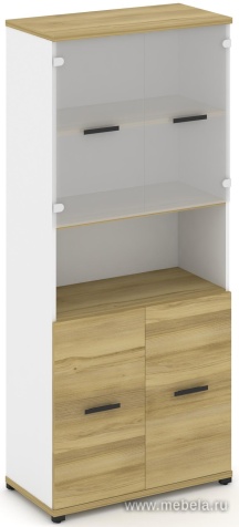 Офисный шкаф одна широкая секция, 5 ниш (2 фасада ЛДСП, 2 ниши + 2 фасада стекло белое матовое, 2 ниши)