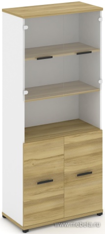 Офисный шкаф одна широкая секция, 5 ниш (2 фасада ЛДСП, 2 ниши + 2 фасада стекло прозрачное, 2 ниши)