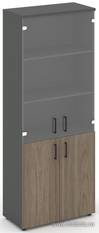 Офисный шкаф высокий широкий (2 низких фасада, задняя стенка ЛДСП + 2 средних фасада стекло прозрачное)