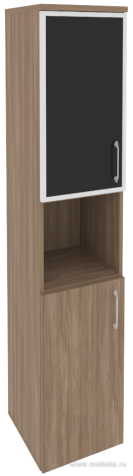 Офисный шкаф высокий узкий лев./прав.(1 низкий фасад ЛДСП + 1 низкий фасад чёрное стекло в раме)