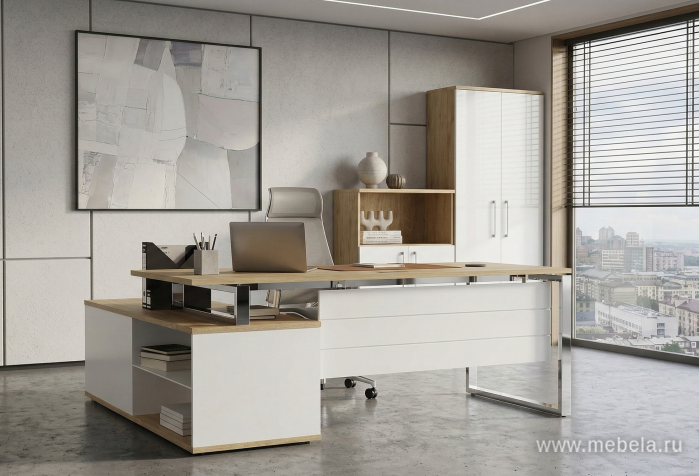 Стол руководителя на металлокаркасе с опорной греденцией (левый)