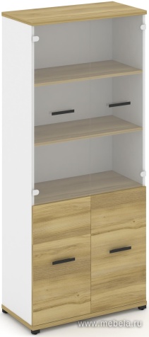 Офисный шкаф одна широкая секция, 5 ниш (2 фасада ЛДСП 2 ниши + 2 фасада стекло прозрачное, 3 ниши)