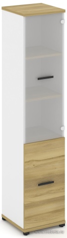 Офисный шкаф одна узкая секция, 5 ниш (фасад ЛДСП,  2 ниши + фасад стекло белое матовое, 3 ниши)