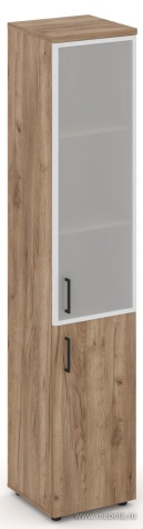 Офисный шкаф высокий узкий левый / правый (1 низкий фасад ЛДСП + 1 средний фасад стекло сатин в раме)