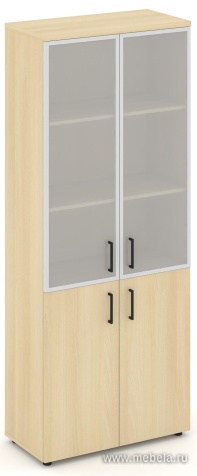 Офисный шкаф высокий широкий (2 низких фасада, задняя стенка ЛДСП + 2 средних фасада стекло сатин в раме)