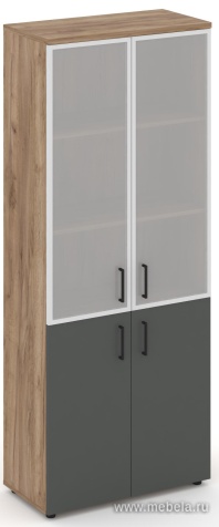 Офисный шкаф высокий широкий (2 низких фасада и задняя стенка ЛДСП + 2 средних фасада стекло сатин в раме)