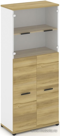 Офисный шкаф одна широкая секция, 5 ниш (2 фасада ЛДСП, 3 ниши + 2 фасада стекло прозрачное, 2 ниши)