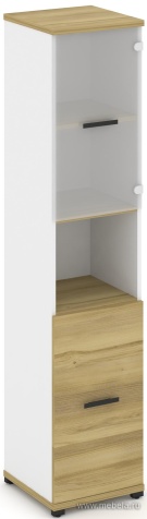 Офисный шкаф одна узкая секция, 5 ниш (фасад ЛДСП,  2 ниши + фасад стекло белое матовое, 2 ниши)