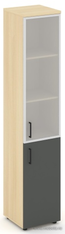 Офисный шкаф высокий узкий левый / правый (1 низкий фасад ЛДСП + 1 средний фасад стекло сатин в раме)