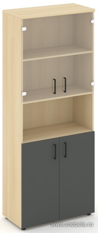 Офисный шкаф высокий широкий (2 низких фасада, задняя стенка ЛДСП + 2 низких фасада стекло прозрачное)