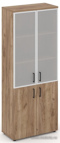 Офисный шкаф высокий широкий (2 низких фасада, задняя стенка ЛДСП + 2 средних фасада стекло сатин в раме)