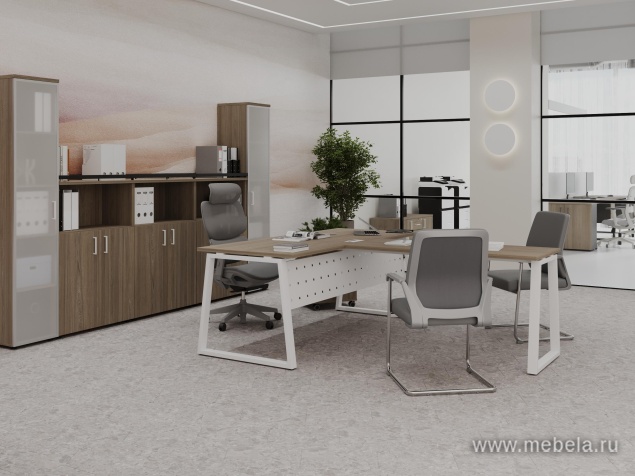 Офисный шкаф средний широкий (2 низких фасада стекло сатин в раме, задняя стенка ЛДСП